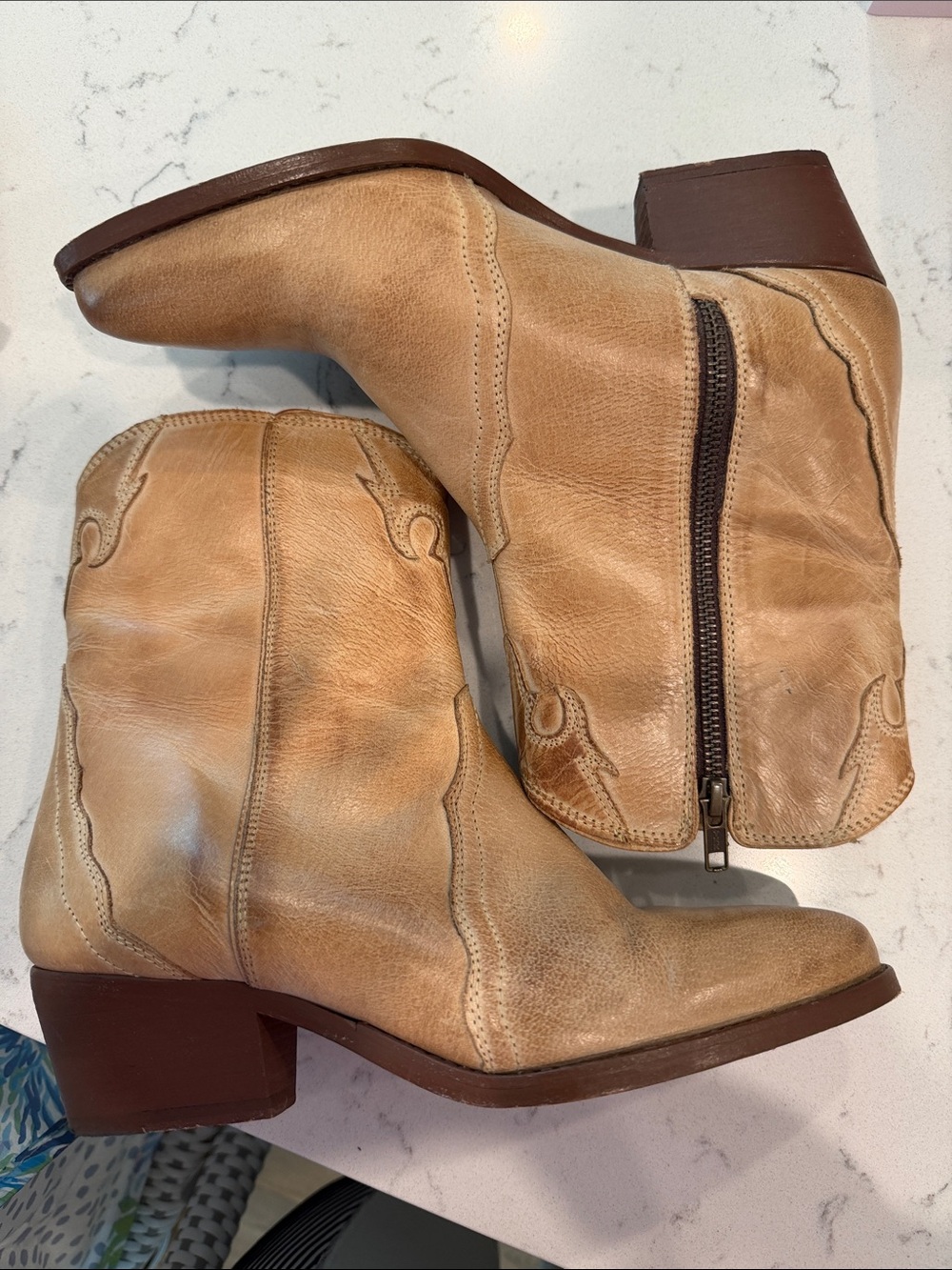 Free People Women’s Tan Leather Ankle Boots - Classic Western Style Size 37.5